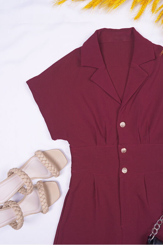 Notch Collar Gold Button Front Pleated Playsuit (Burgundy)